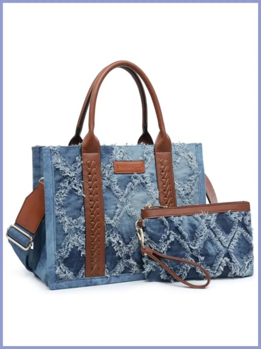 Denim Tote Bag Vegan Leather Satchel Purse with Wristlet